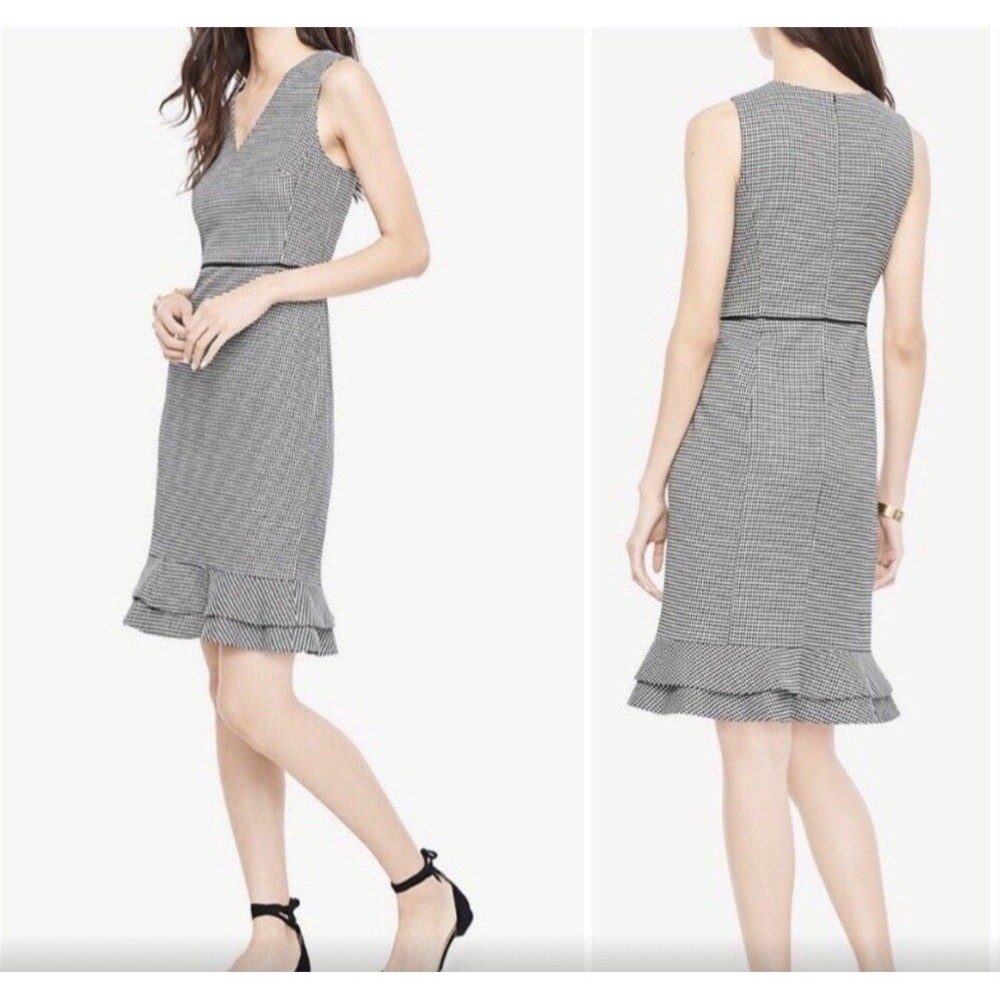Women Ann Taylor Houndstooth Flounce Sheath Dress Black /White Sz‎ 6 Work Office